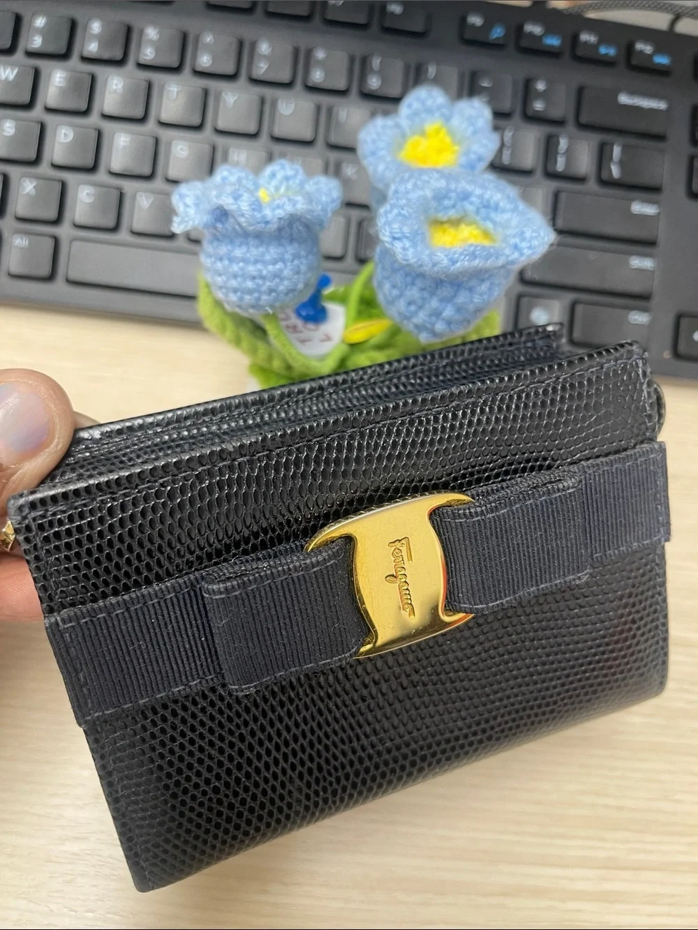 Salvatore Ferragamo Navy Vara Bow Leather Gold Accent Coin Purse w/Key Attchment